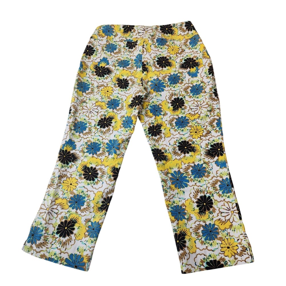 Peck & Peck Petite Pull On Pants 8P Blue Yellow‎ Floral Crop Stretch Mod Retro